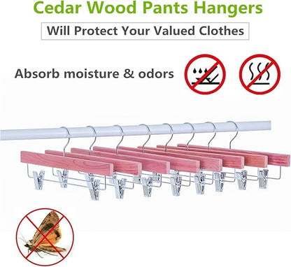 Amber Home 12 Pack American Red Cedar Wood Pants Hangers, Natural Cedar Wooden Slacks Skirts Hangers with 2-Adjustable Clips, Bottom Hangers for Trousers, Jeans, Shorts (12 Pack)