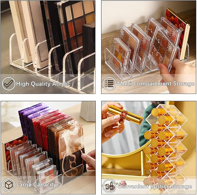 3Pcs Eyeshadow Palette Organizer, 7 Section Makeup Palette Organizer, 2 Acrylic Palette Organizer with 1 Lipstick Holder, Clear Palettes Storage Holder for Cosmetics Blush, Bathroom Vanity