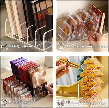 3Pcs Eyeshadow Palette Organizer, 7 Section Makeup Palette Organizer, 2 Acrylic Palette Organizer with 1 Lipstick Holder, Clear Palettes Storage Holder for Cosmetics Blush, Bathroom Vanity