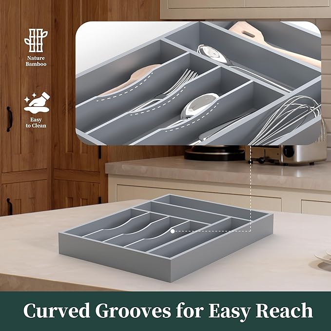 Bamboo Silverware Organizer, Kitchen Drawer Organizer, Utensil Holder, Cutlery Tray & Spoon Flatware Storage with Grooved Drawer Dividers (Grey, 12.5''W x 16.5''D)