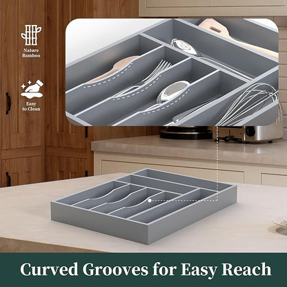 Bamboo Silverware Organizer, Kitchen Drawer Organizer, Utensil Holder, Cutlery Tray & Spoon Flatware Storage with Grooved Drawer Dividers (Grey, 12.5''W x 16.5''D)