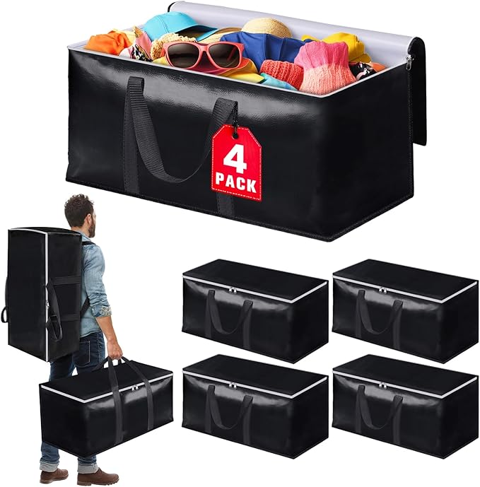 StoreHappily Heavy-Duty & Extra Capacity Moving Bags with Backpack Straps, Storage Totes with Double Zipper & Strong Handles, Packing Bags Alternative to Moving Boxes, Moving Supplies (4 Pack, Black)