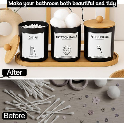 3Pack Glass Qtip Holder with Bamboo Tray, Cotton Ball Holder, 13.5 oz Apothecary Jars Bathroom Canisters with Lids, Bathroom Jars for Floss Picks, Cotton Swabs, Balls, Pads(Black)