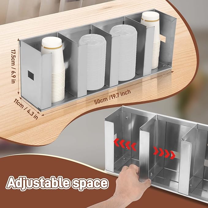 Adjustable Stainless Steel Cup & Lid Holder - 4 Compartments, 32 oz Cup Dispenser for Restaurant, Straw Organizer Commercial Cup Holder, 304 Stainless Steel Lid Dispenser