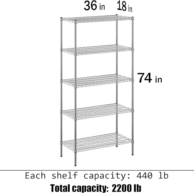 18" Deep x 36" Wide x 74" Height Wire Shelving Kit | 5-Tier | NSF Commercial Storage Rack Unit