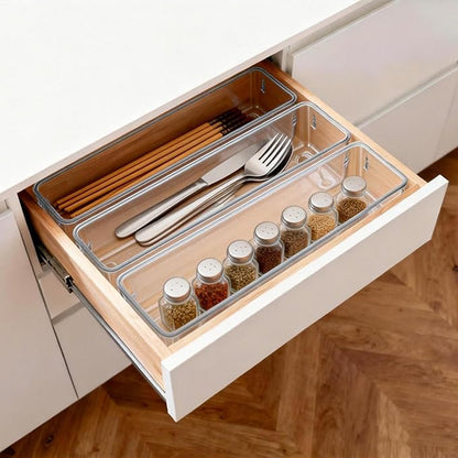 6 Pcs Large Clear Plastic Drawer Organizers Tray 12"x3" Storage Bins with 25 Pcs Non-Slip Pads for Makeup, Jewelries, Kitchen Utensils, Bathroom and Office