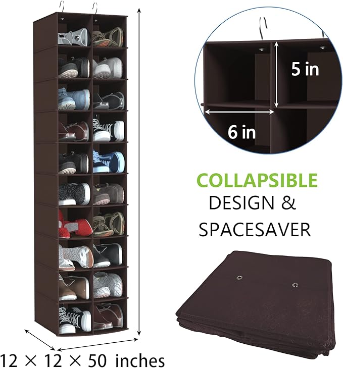 Libeder Hanging Shoe Organizer for Closet, Hanging Closet Organizers 20 Section Shoe Shelves, Space Saving Shoe Holder & Storage, Coffee, 12''W×12''Dx 50''H