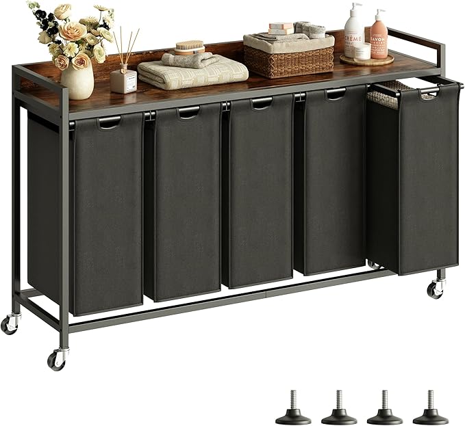 Herture Laundry Hamper with Shelf, Laundry Basket 5 Section, Laundry Sorter with Pull-Out Removable Large Bags and Movable Wheels, Metal Frame, 5 x 15.87 Gallons (60L), Rustic Brown + Black PF08XLY