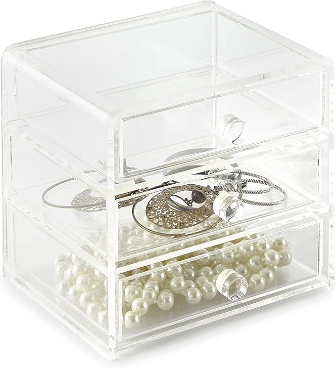 Huang Acrylic Clear Acrylic 3-Drawer Organizer, Large Makeup Jewelry Accessories Cosmetic Countertop Storage Display 5.15 x 4.7 x 4.5 inches