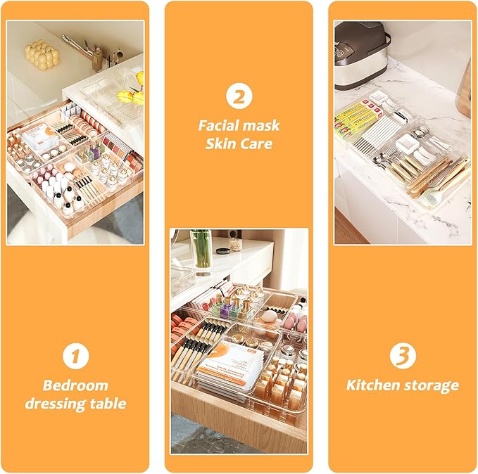 Qivine Expandable Acrylic Drawer Organizer, Clear Makeup Drawer Organizer Trays, 11 to 19In Adjustable Kitchen Utensil Organizer with 5 Compartments Expandable for Makeup Silverware Office Bathroom