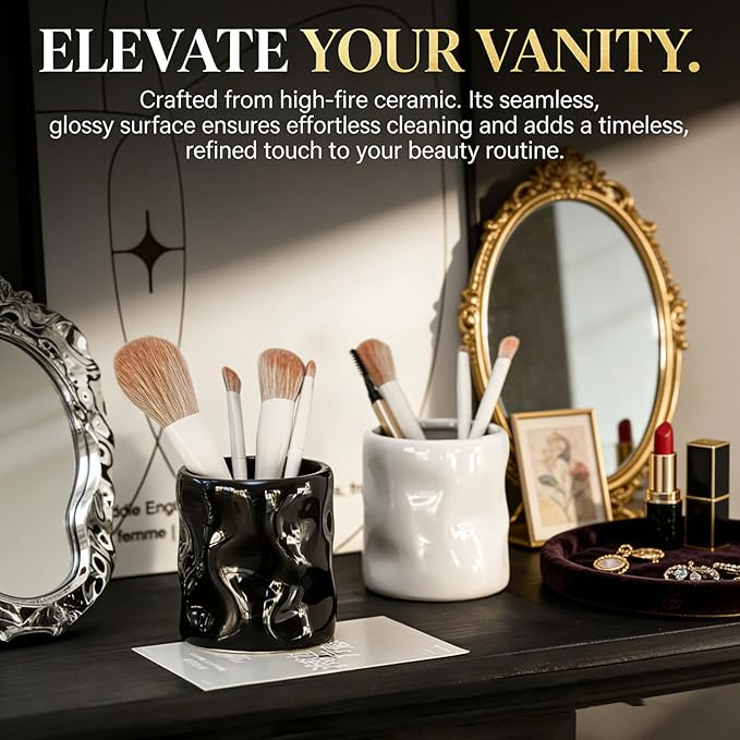 Premium Ceramic Makeup Brush Holder - Weighted & No-Tip Organizer with Easy-Clean Glaze, Vanity Storage for Brushes, Elegant Bathroom & Dresser Tabletop Decor An ideal gift for women (beige)