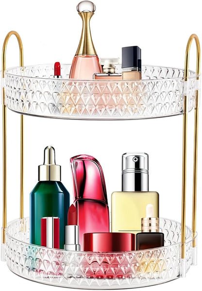 2 Tier Acrylic Lazy Susan Organizer, 360° Rotating Makeup orgaizer & Skincare Storage Tray, Clear Spinning Vanity Organizer for Bathroom Countertop, Cabinet, Dresser, Kitchen, Perfume Organizer