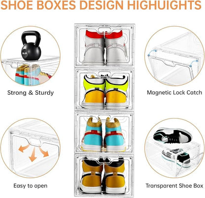 INSTY 6 Pack Large Shoe Storage Box, Clear Shoe Storage Organizer with Magnetic Door, Stackable,Shoe Containers For Display Sneakers, Easy Assembly, Fit up to US Size 12, Clear