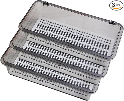 Silverware Organizer with Lid and Drainer - Plastic Kitchen Drawer Organizer for Forks Spoons Knives, Stackable Utensil Storage Container, Space-Saving Cutlery Tray (10.6 x 4.7 x 2.8 inch) (3)