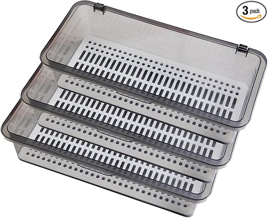 Silverware Organizer with Lid and Drainer - Plastic Kitchen Drawer Organizer for Forks Spoons Knives, Stackable Utensil Storage Container, Space-Saving Cutlery Tray (10.6 x 4.7 x 2.8 inch) (3)
