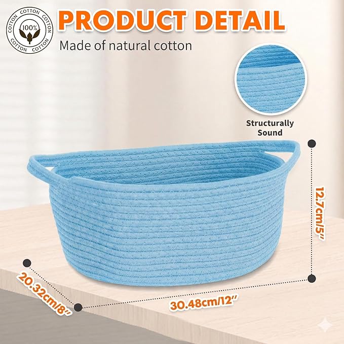 ShellKingdom Storage Basket with Handles, Empty Gift Basket with Gift Bags and Ribbon, Small Woven Baskets for Home, Nursery Storage Organizer, 12 X 8 X 5 INCH, Light Blue