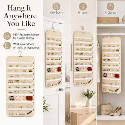 Cabilock 66 Pockets Hanging Jewelry Organizer, Double Sided Zippered Earring Holder with Clear Pockets, Space Saving Necklace Bracelet Ring Storage Bag for Closet, Door, Wall and Travel, Beige 1pcs