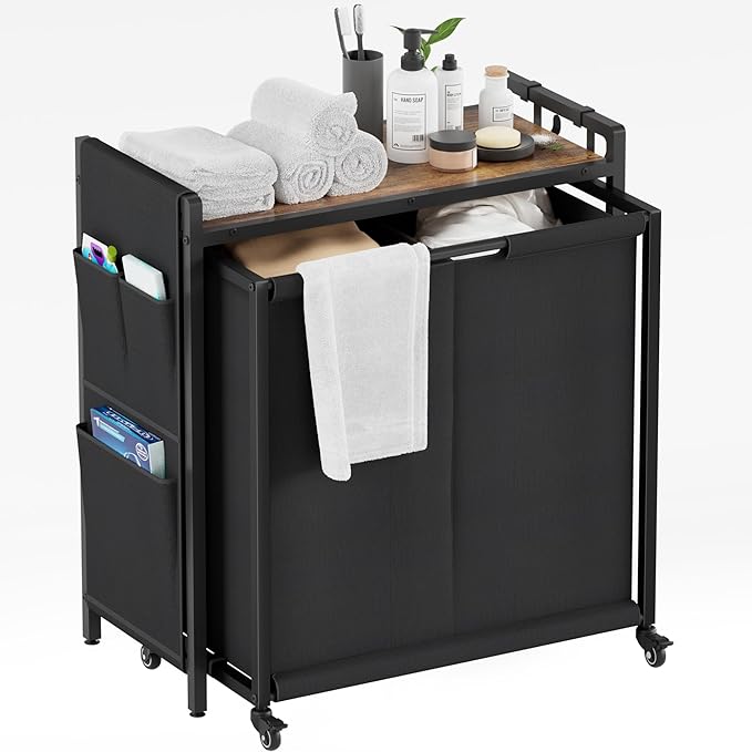 Laundry Hamper 2 Section: Laundry Sorter with Pull-Out Cart - Rolling Laundry Basket Organizer with Shelf and Wheels - Clothes Hamper for Laundry Room Bathroom Bedroom