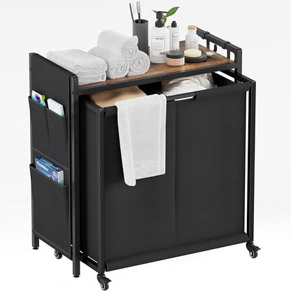 Laundry Hamper 2 Section: Laundry Sorter with Pull-Out Cart - Rolling Laundry Basket Organizer with Shelf and Wheels - Clothes Hamper for Laundry Room Bathroom Bedroom