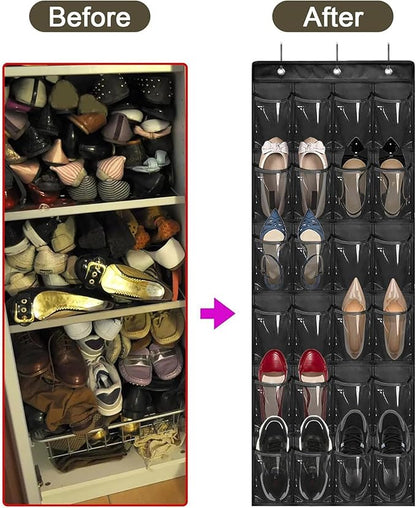 24 Pockets Over The Door Shoe Organzier, Hanging Shoe Rack for Door Large Capacity Shoe Organizer Holder with 3 Metal Hooks Black