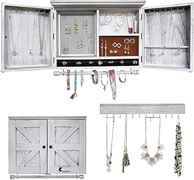 GLANT Rustic Wall Mounted Jewelry Organizer with Wooden Barndoor Decor,Wooden Wall Mount Holder,Jewelry holder for Necklaces, Earings, Bracelets, Ring Holder. Includes matching hook organizer