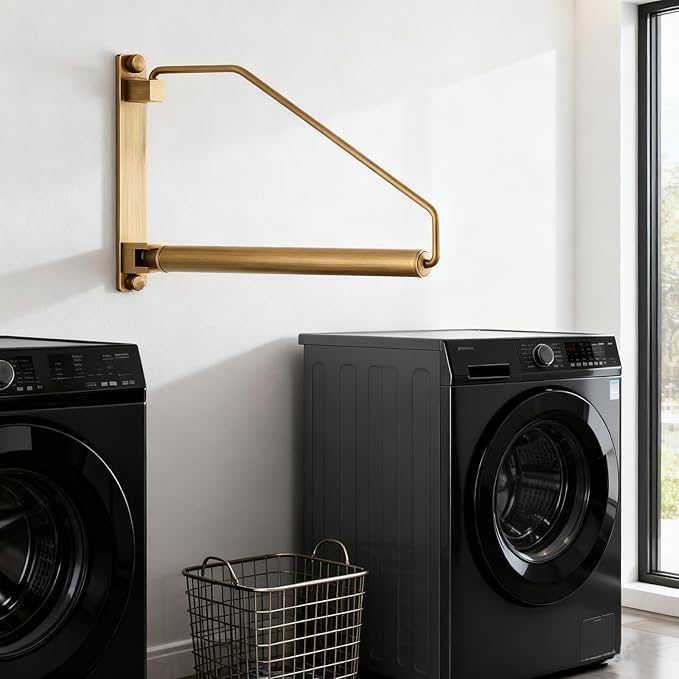 Folding Wall Mounted Clothes Hanger Rack Clothes Hook Solid Brass with Swing Arm Holder Clothing Hanging System Closet Storage Organizer Heavy Duty Drying Rack Wall Mount, Antique Brass