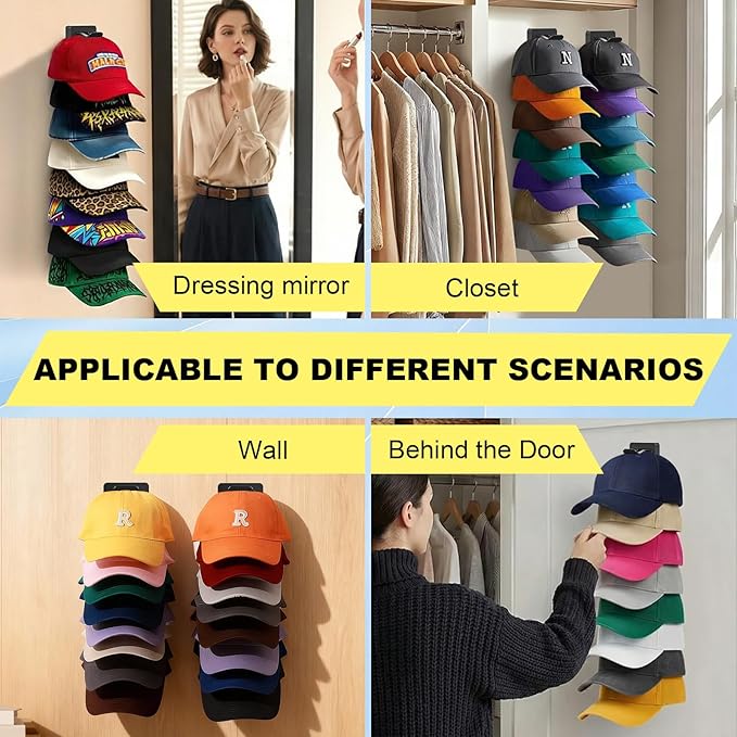 2 Pack MultiLayer Hat Organizer for Baseball Caps, Holds 16 Hats, Hat Hook for Wall, Dual Mount (Adhesive/Screws), Space Saving Cap Organizer for Walls & Doors