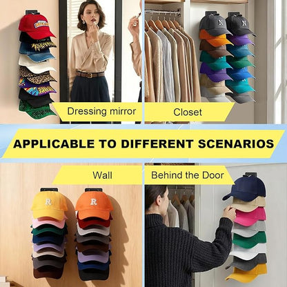 2 Pack MultiLayer Hat Organizer for Baseball Caps, Holds 16 Hats, Hat Hook for Wall, Dual Mount (Adhesive/Screws), Space Saving Cap Organizer for Walls & Doors