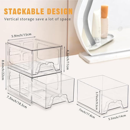 Stebopum 4 Pack Stackable Makeup Organizer, 4.4'' Tall Acrylic Bathroom Makeup Organizer and Storage Drawer with Pull-out Handle, Clear Plastic Storage Bins for Vanity,Pantry,Desk,Undersink,Kitchen