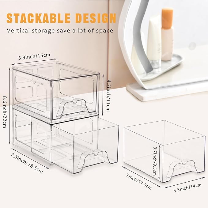 Stebopum 8 Pack Stackable Makeup Organizer, 4.4'' Tall Acrylic Bathroom Makeup Organizer and Storage Drawer with Pull-out Handle, Clear Plastic Storage Bins for Vanity,Pantry,Desk,Undersink,Kitchen