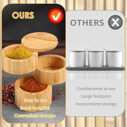 Bamboo Wood Salt Cellar, 3 Tier Round Salt Container with Swivel Magnetic Lid, Large Salt Spice Box with Spoon, Bamboo Wood Storage Box to Storage Pepper, Table Salt, Gourmet Salts, Spice