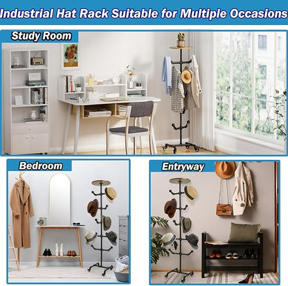 uyoyous Industrial Standing Hat Rack, Heavy Duty Metal Pipe Hat Display Stand with Wheels, Freestanding Rolling Hat Organizer Tree for Cowboy Hats & Caps, 10 Hanger Hooks for Bedroom Entryway
