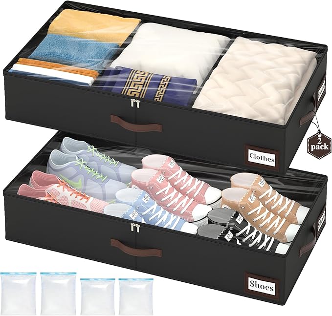 OIAHOMY 2 Pack Under Bed Storage with 4 Compression Bags, Underbed Organizers for Bedroom & Closet, Fits Beds Higher than 5.9", Space-Saving for Seasonal Clothes, Blankets & Shoes - Black