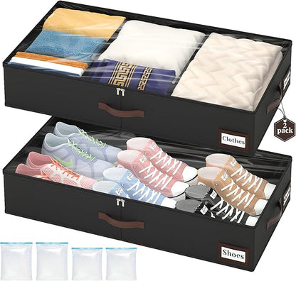 OIAHOMY 2 Pack Under Bed Storage with 4 Compression Bags, Underbed Organizers for Bedroom & Closet, Fits Beds Higher than 5.9", Space-Saving for Seasonal Clothes, Blankets & Shoes - Black