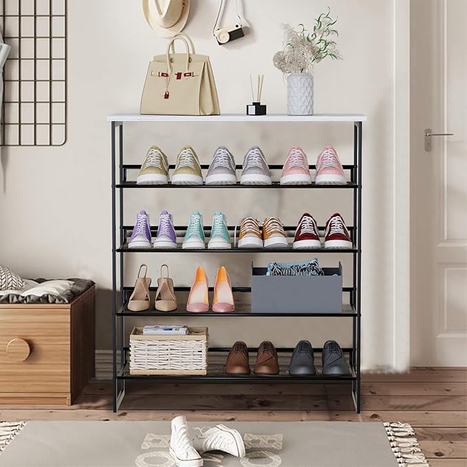 Garden 4 you Shoe Rack for Entryway 5 Tiers 11.8" D x 29" W x 36.5" H, Metal Shoe Rocks with White Wooden Tabletop, Angled Shoes Rack with Adjustable Mesh Shelves for Entryway Hallway Closet