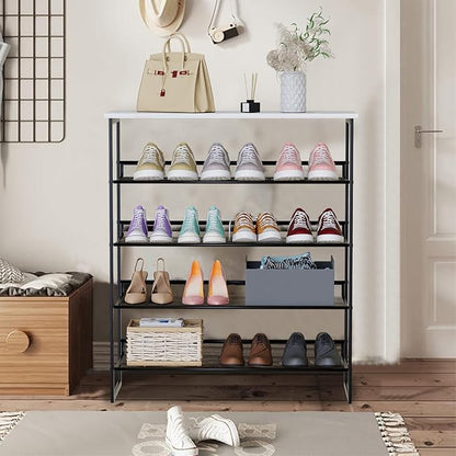 Garden 4 you Shoe Rack for Entryway 5 Tiers 11.8" D x 29" W x 36.5" H, Metal Shoe Rocks with White Wooden Tabletop, Angled Shoes Rack with Adjustable Mesh Shelves for Entryway Hallway Closet