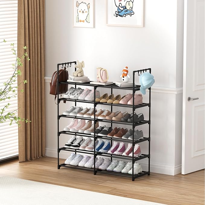 2-Row 6-Tier Stackable Shoe Rack, Black Metal Shoe Shelf with Multifunctional Hooks, Hold 24-30 Pairs, Space Saving Shoes Organizer for Closet,Show Rack