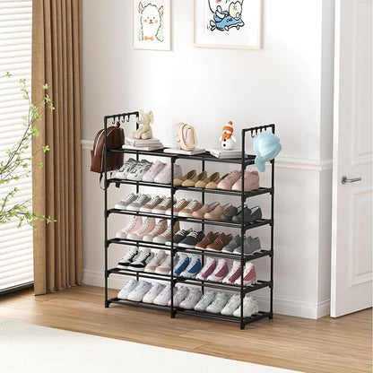 2-Row 6-Tier Stackable Shoe Rack, Black Metal Shoe Shelf with Multifunctional Hooks, Hold 24-30 Pairs, Space Saving Shoes Organizer for Closet,Show Rack