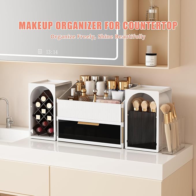 Large Makeup Organizer for Vanity with Brush Holder and Lipstick Display Stand, Countertop Cosmetic Storage with Drawer for Skincare, Nail Polish, Perfume and Eyeshadow Palettes
