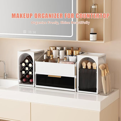 Large Makeup Organizer for Vanity with Brush Holder and Lipstick Display Stand, Countertop Cosmetic Storage with Drawer for Skincare, Nail Polish, Perfume and Eyeshadow Palettes
