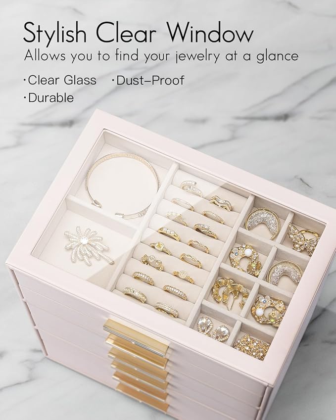 VLANDO 6 Layer Jewelry Box for Women, Glass Lid Jewelry Organizer with 6 Drawers for Necklaces Rings Earrings Bracelets - Light Pink