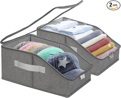 2 PCS Stackable Hat Organizer for Baseball Caps, Hat Storage Holder Holds up to 24 Caps for Closet/Shelf, Hat Box Holder with Clear Window Lid And Sturdy Cardboard, for Closet Bedroom Shelf (Grey)