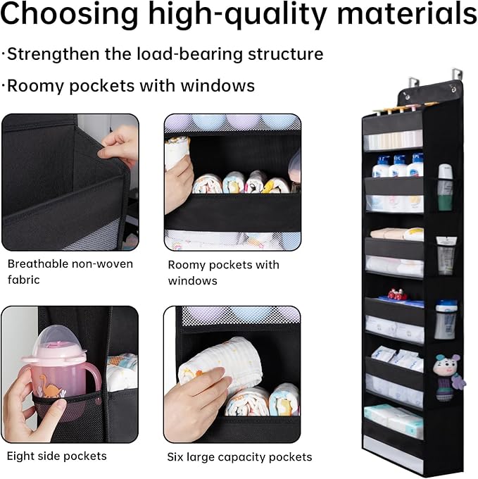 WishJazz Premium Over The Door Organizer 6 Large Pockets, 150D Extra Thick,50 lbs Hanging Organizer Storage, Behind Door Closet Organizer and Storage for Nursery, Bedroom, Bathroom, Black