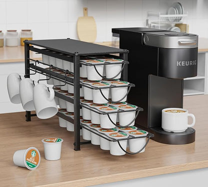 HFHOME Coffee Pod Organizer for Countertop, 4-Tier Metal Storage Drawer, Holds 56 Capsules, Coffee Station Holder for Kitchen, Office, or Home, 3 cup rack, Black