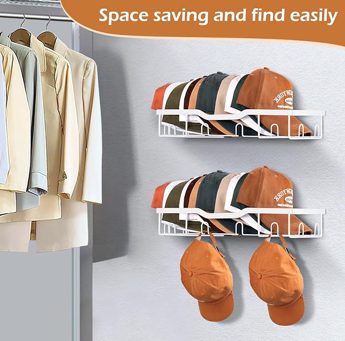 KEETDY Metal Hat Racks for Baseball Caps Wall Hat Organizer Fit 20 Caps Holder, 2 Packs Sturdy Wall Mounted Hat Storage Organizer, White