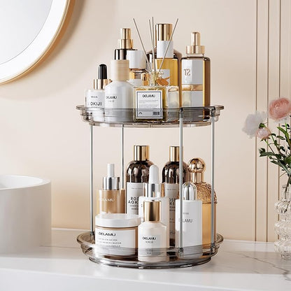 Delamu 2 Tier Rotating Makeup Organizer for Vanity, Skincare Organizer for Bathroom Counter, Spinning Perfume Organizer Cosmetic Holder with Large Capacity, Grey
