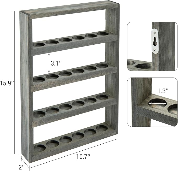MyGift Vintage Weathered Gray Solid Wood Wall-Mounted Essential Oil Holder Rack – 24-Bottle Storage Display Shelf