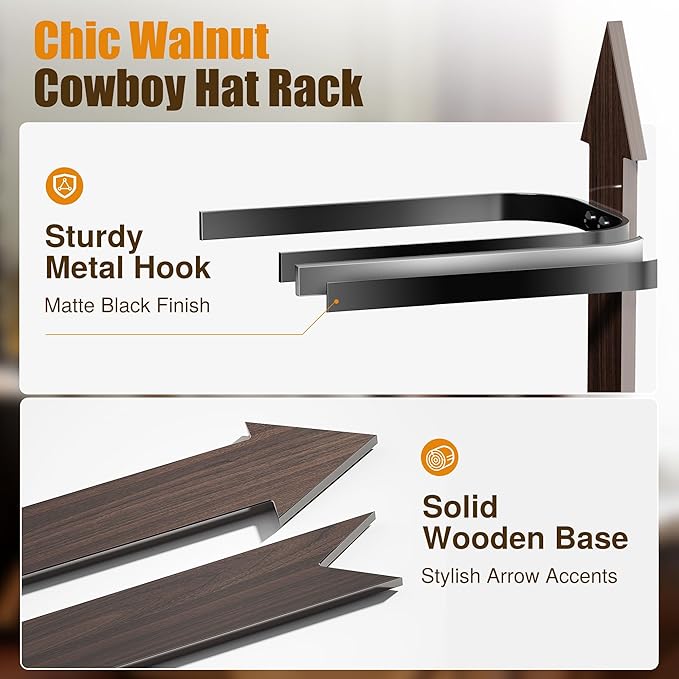 Cinati Cowboy Hat Rack Wall Mount - Rustic Wooden Western Metal Cowboy Hat Holder & Hanger Organizer with Arrow Sign Board for Bedroom, Hallway & Doorway - Holds 4 Hats, Fedora, Sun Hats, Gift for Him
