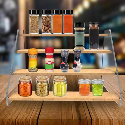 VAEHOLD Spice Rack Organizer for Cabinet & Countertop - Seasoning Organizer Spice Shelf - Space Saving Wooden Display Risers Shelf Showcase Fixtures Jewelry (4 Tier)