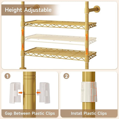 Wall Mounted Garment Rack, Walk-in Closet System with Expandable Rods, Adjustable Shelves, Industrial Pipe Clothing Racks, Hanging Clothes Organizers and Storage, Metal Closet Shelving Wardrobe